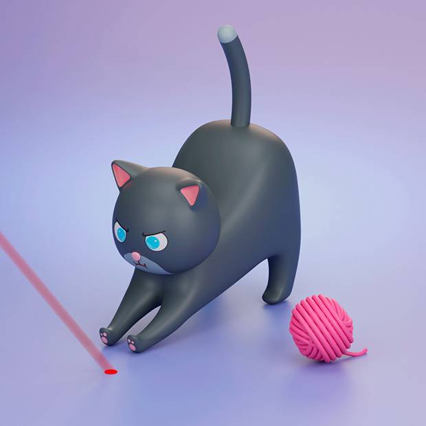 VetoPhylum - illustration 3d d'un chat en train de jouer avec une pelotte de laine et un faisceau laser.